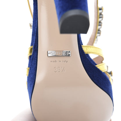 Gucci Velvet Nappa Crystal Zephyra Slingback Platform High Heel Sandals 36.5 Blue Gold 7 of 10