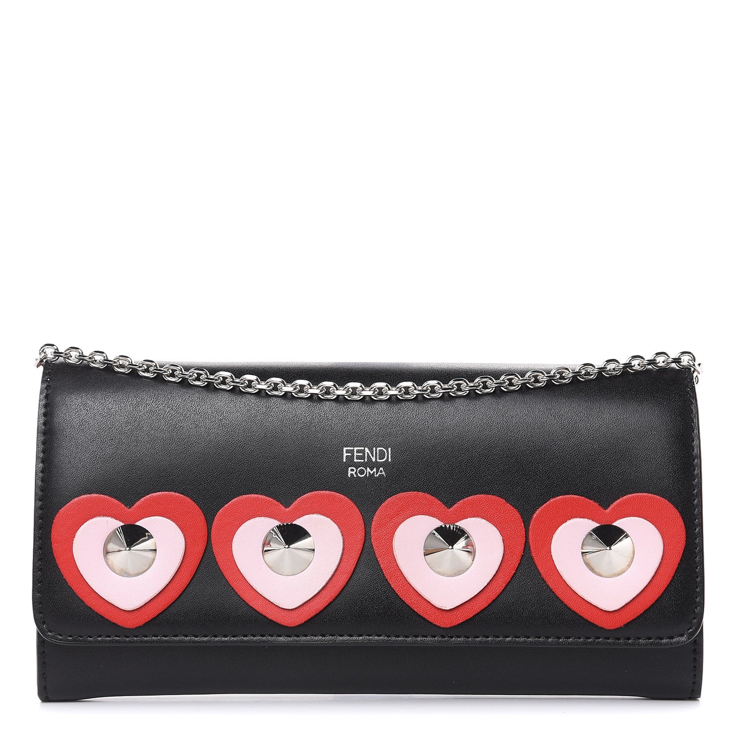 Calfskin Heart Studded Continental Wallet On Chain Black Red Peonia