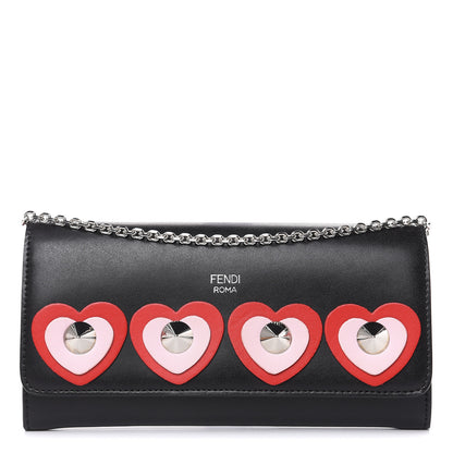 Fendi Calfskin Heart Studded Continental Wallet On Chain Black Red Peonia 1 of 11