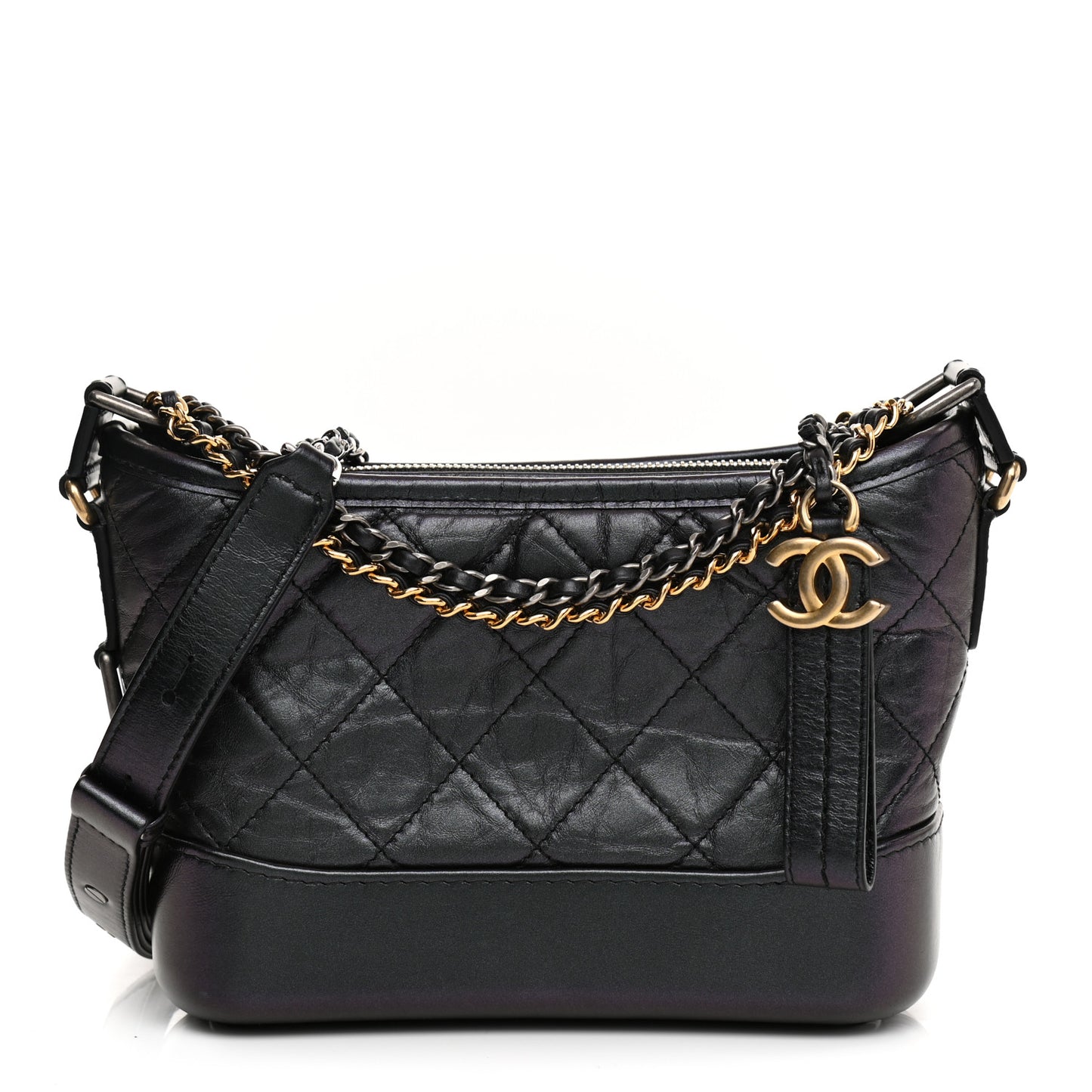 Iridescent Aged Calfskin Quilted Small Gabrielle Hobo Black