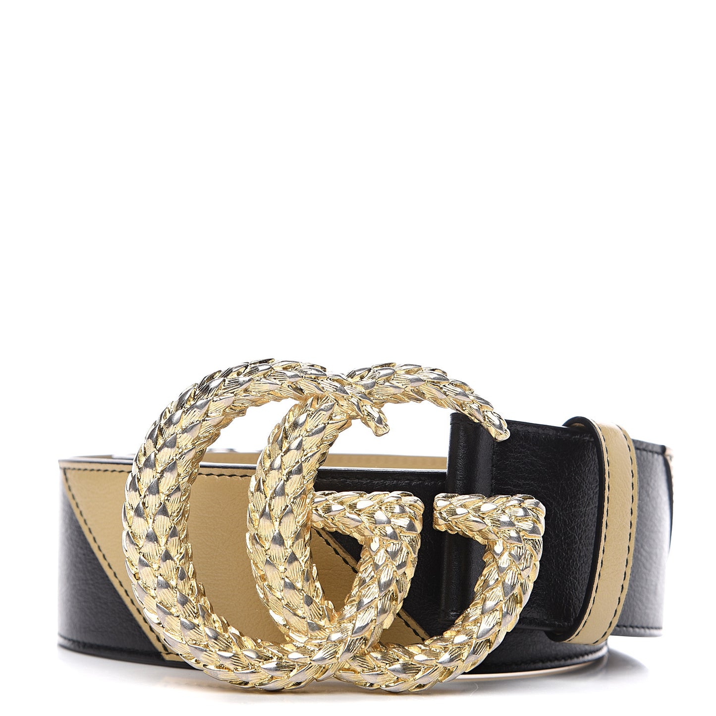 Calfskin Striped Textured Double G 50mm Belt 80 32 Black Beige