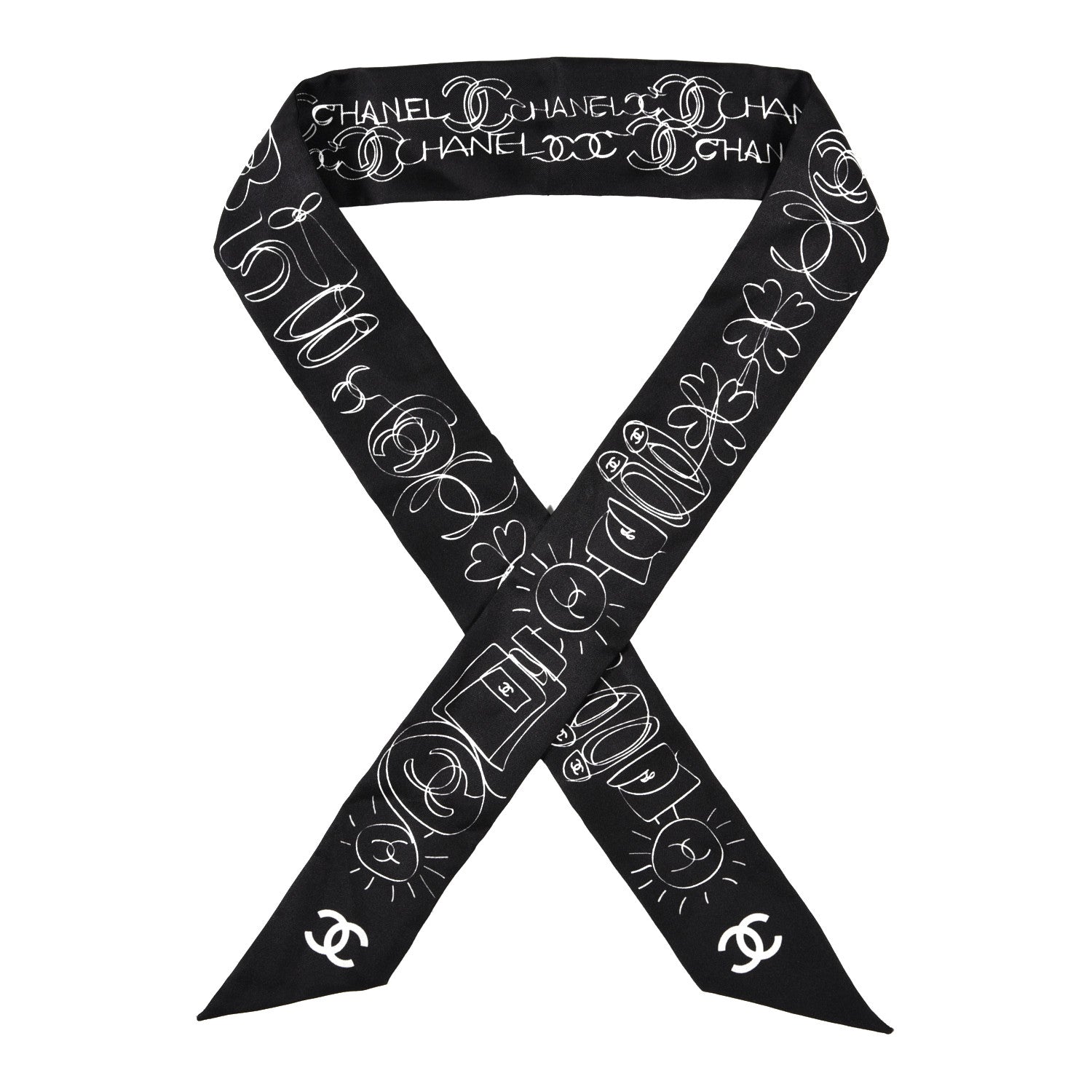 Chanel Silk Slim Bandeau Scarf Black White 1 of 4