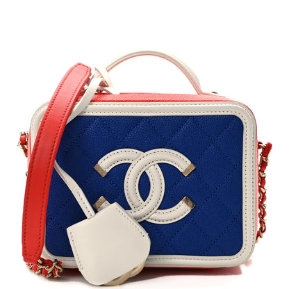 Chanel Caviar Quilted Small CC Filigree Vanity Case Blue White Red 1 of 10