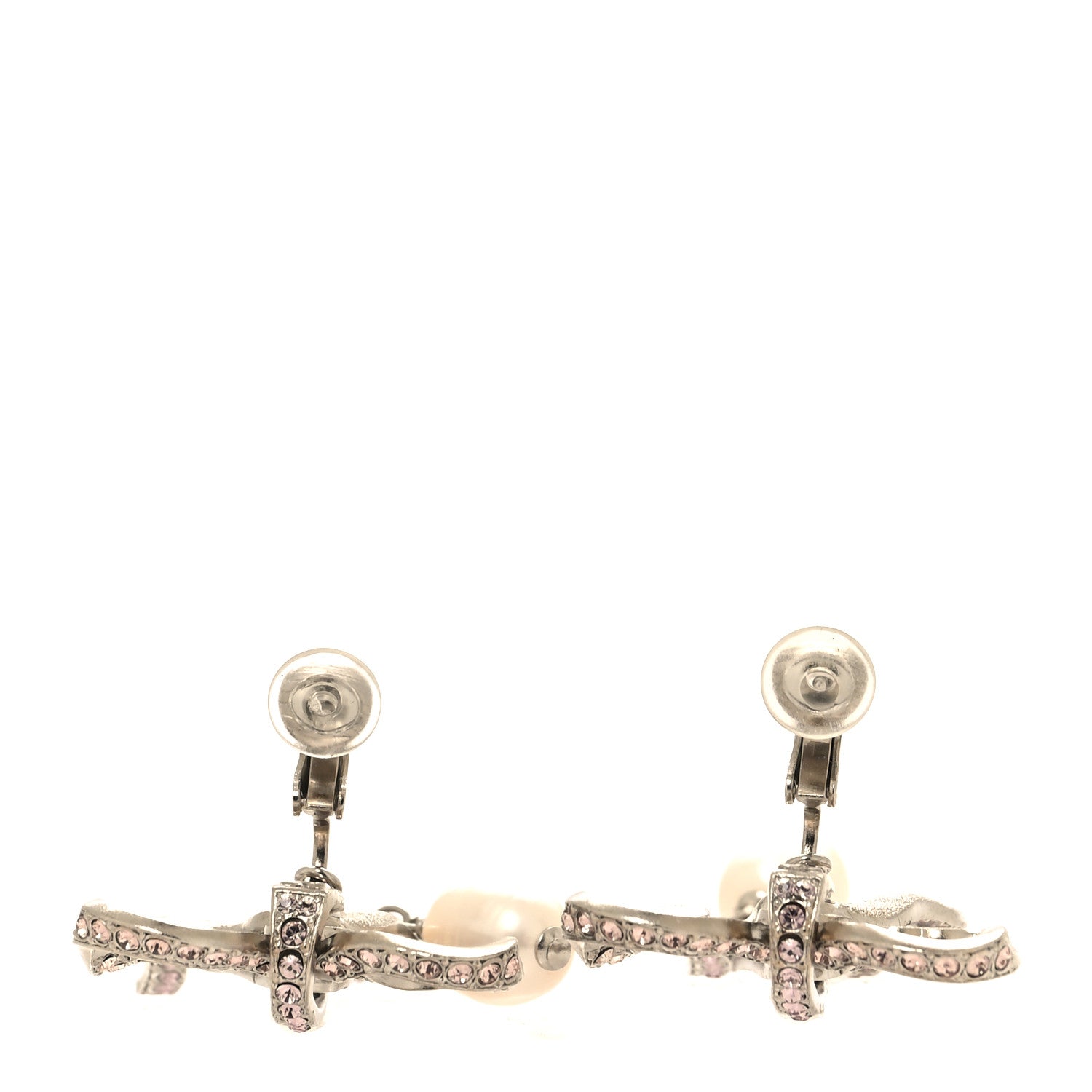 Chanel Crystal Pearl Bow CC Clip On Earrings Silver Pink 3 of 5