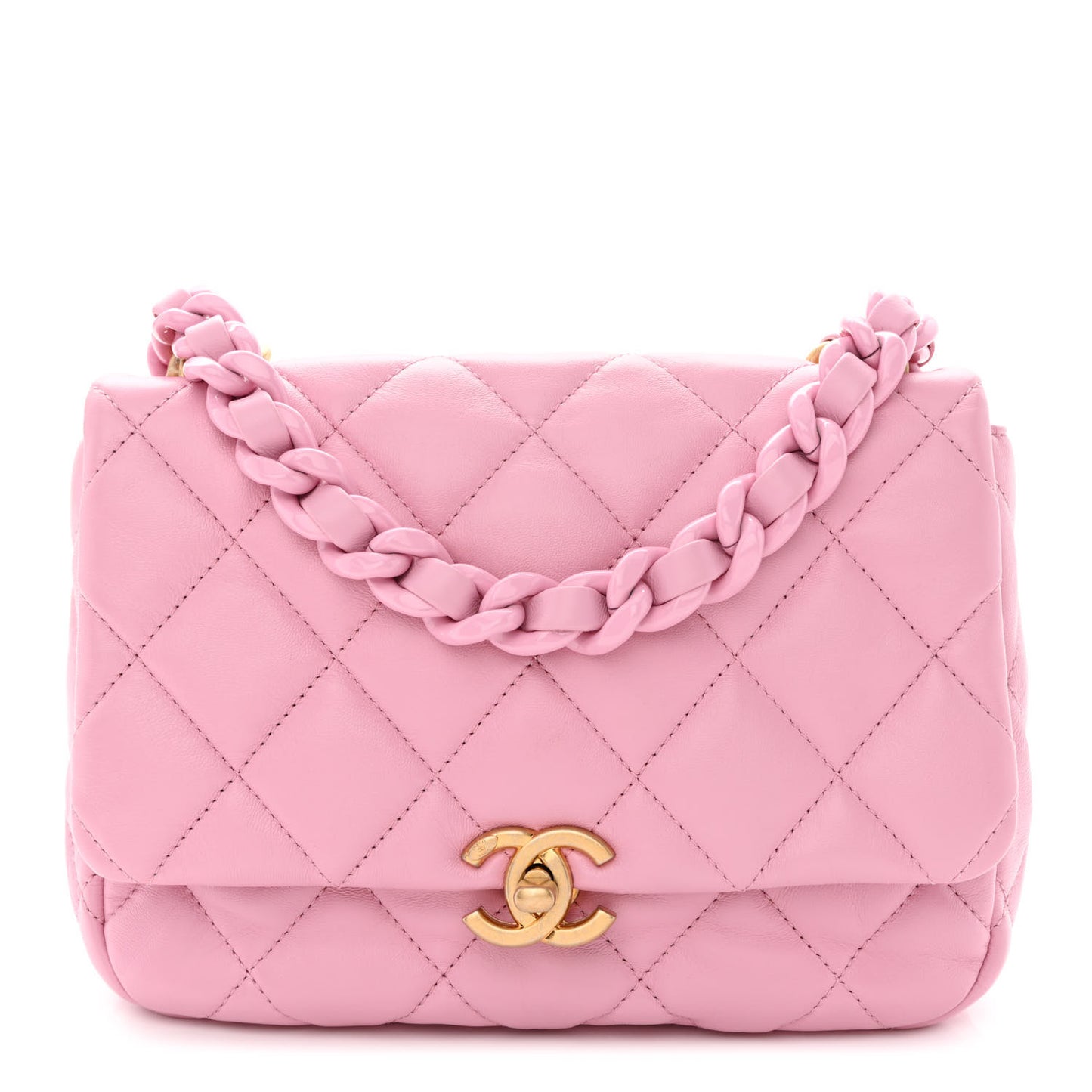 Lambskin Quilted Small Lacquered Chain Flap Pink
