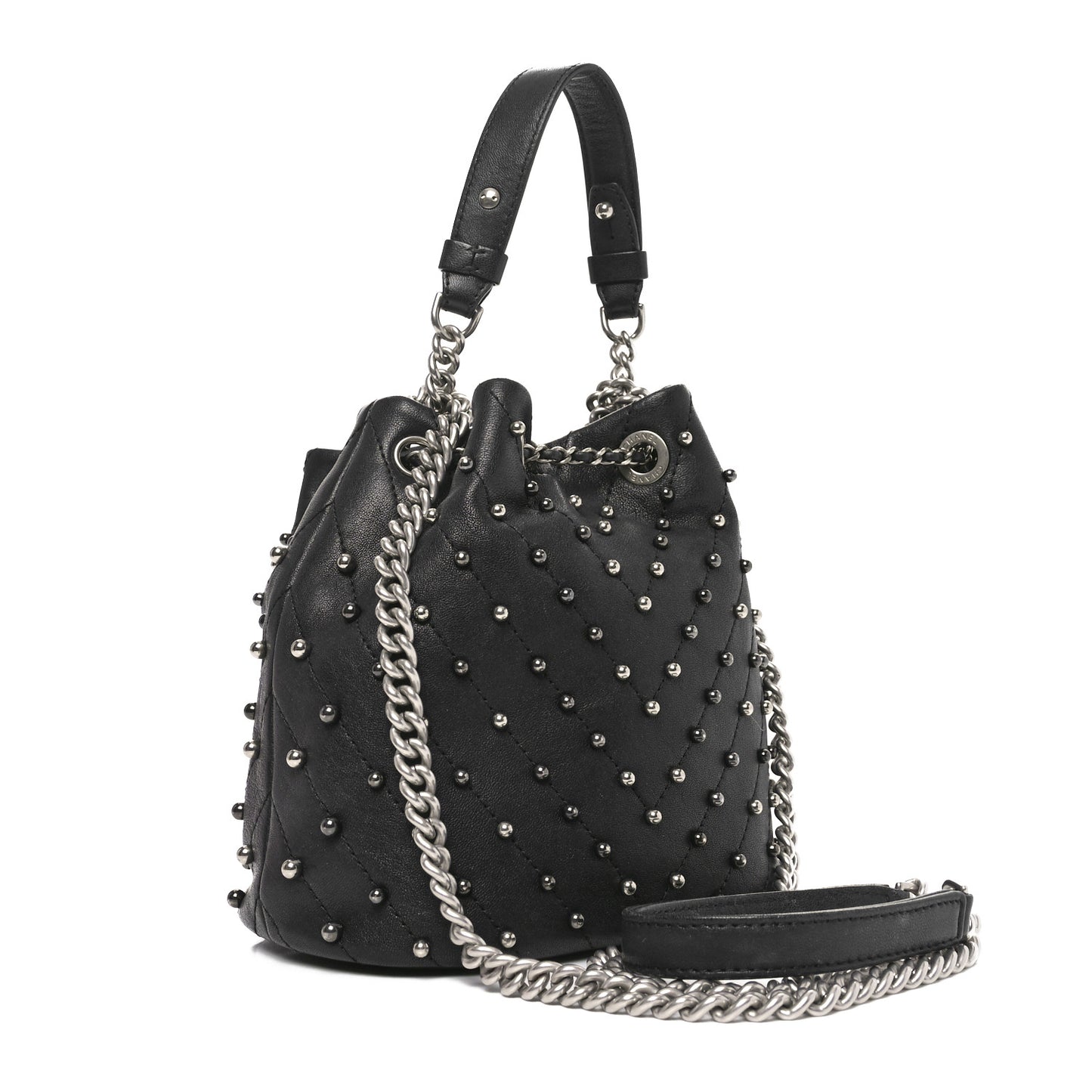 Lambskin Studded Chevron Quilted Small Stud Wars Drawstring Bag Black