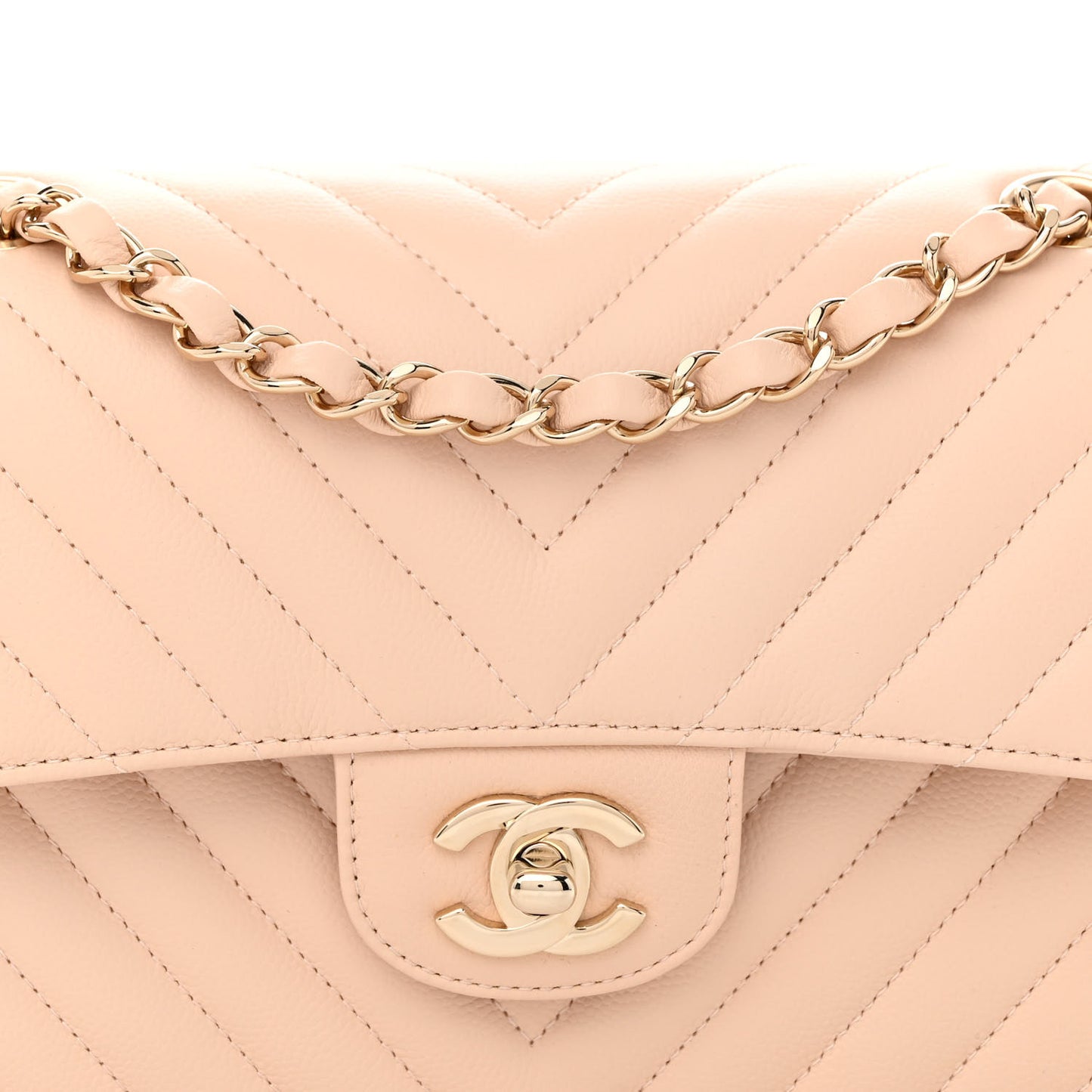 Caviar Chevron Quilted Small Double Flap Beige
