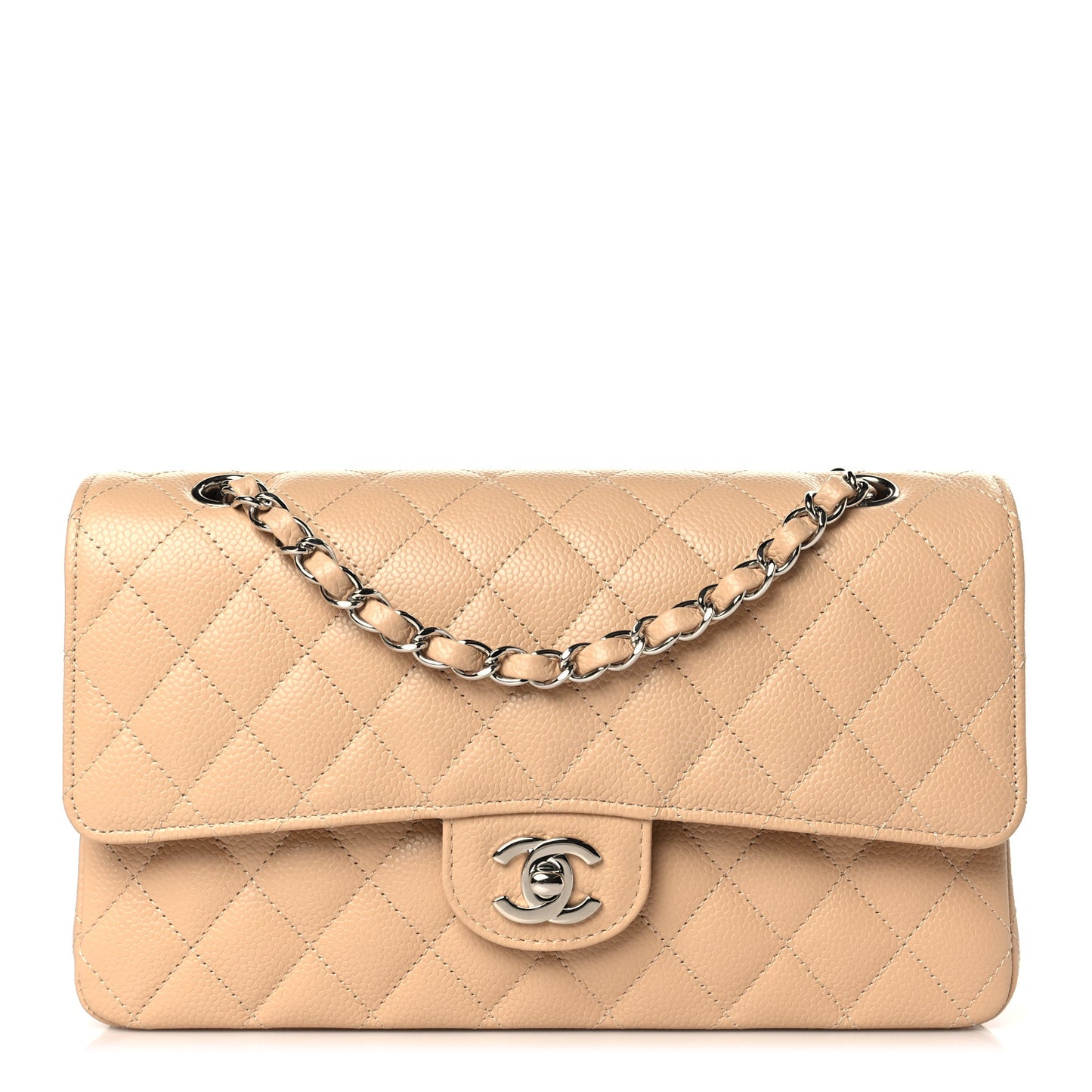 Caviar Quilted Medium Double Flap Beige