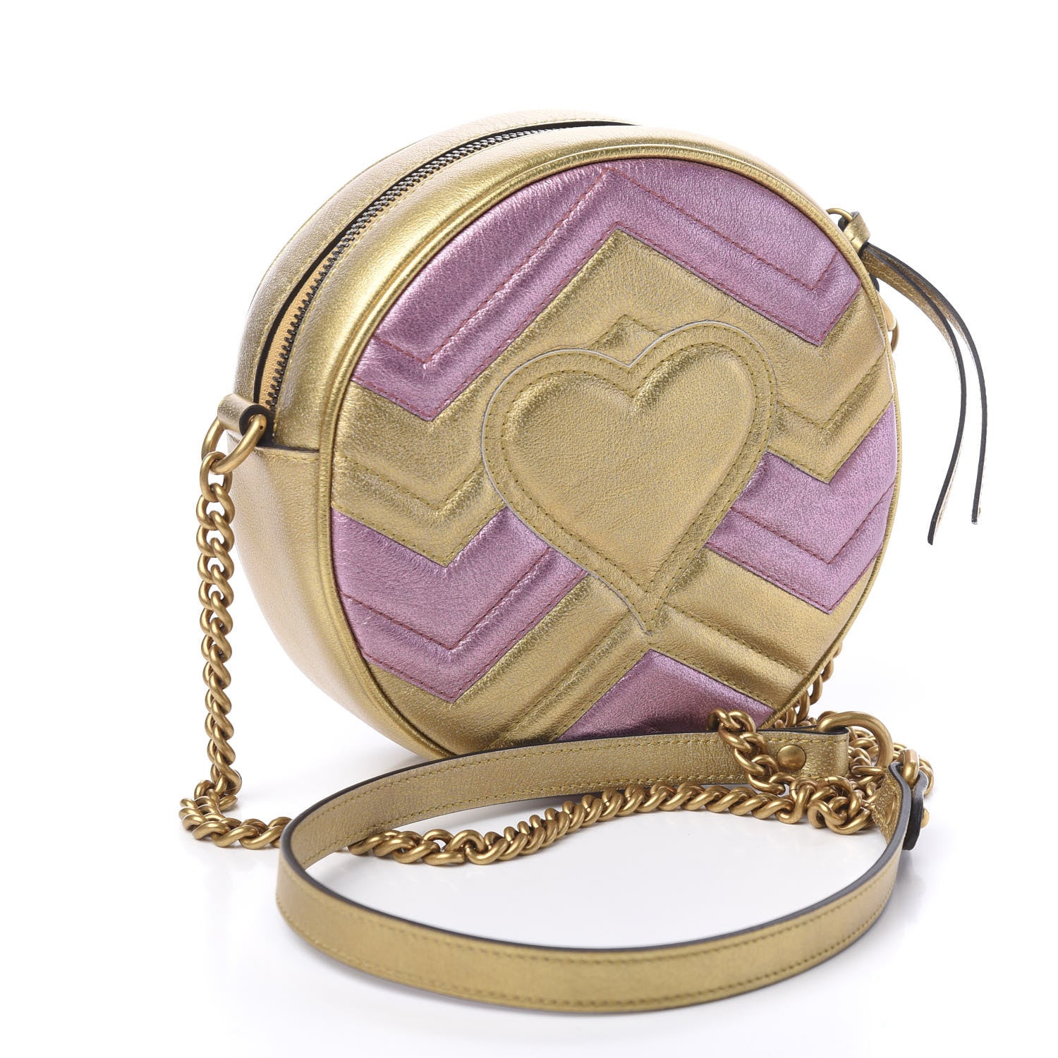 Gucci Metallic Calfskin Matelasse Mini GG Marmont Round Shoulder Bag Gold Pink 2 of 10