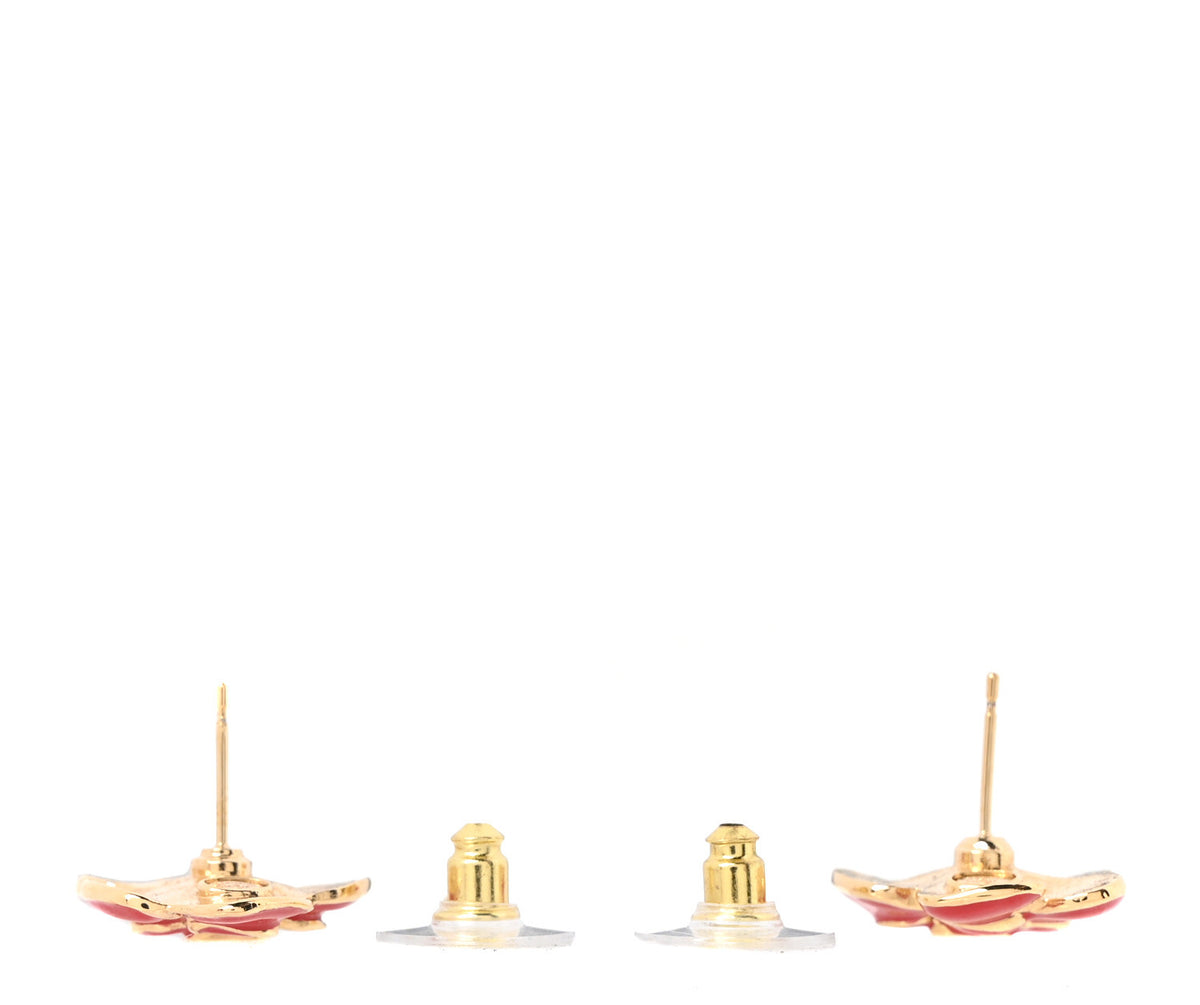 Metal Resin CC Camellia Stud Earrings Gold Red