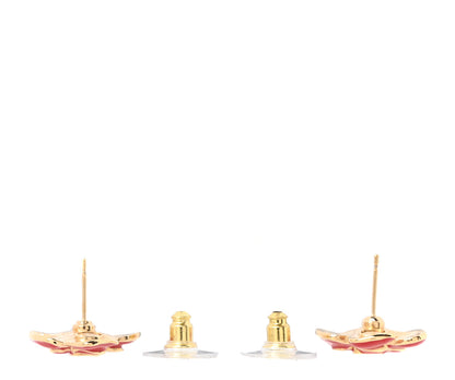 Chanel Metal Resin CC Camellia Stud Earrings Gold Red 3 of 5