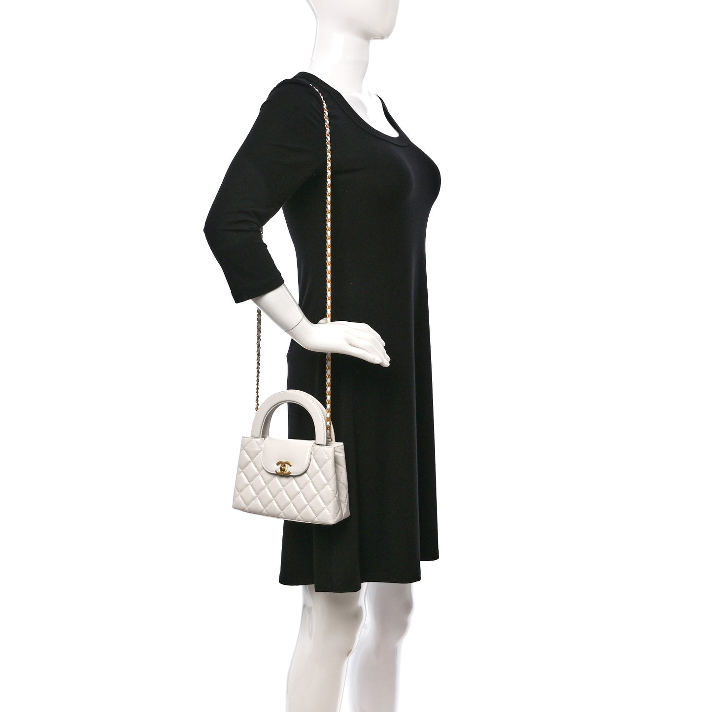 Shiny Aged Calfskin Quilted Nano Kelly Shopper White