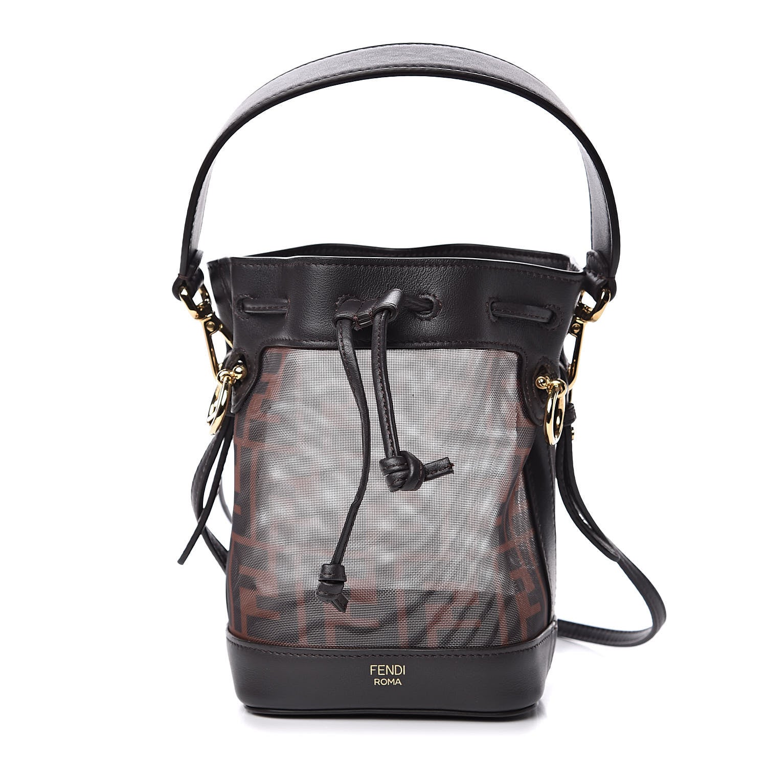 Fendi Mesh Vitello Grace F is FF 1974 Mini Mon Tresor Bucket Bag Marrone Black Ebano 1 of 9