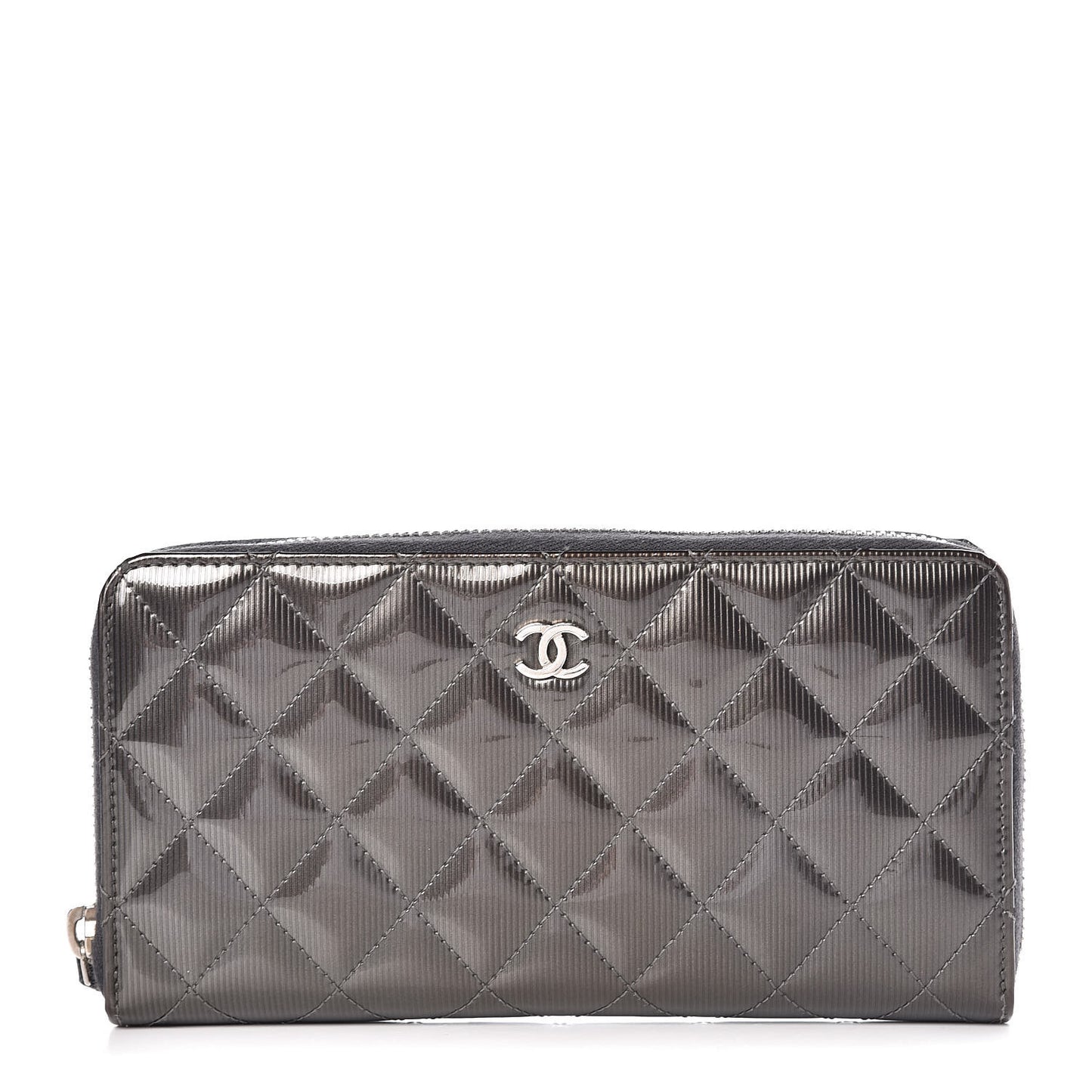 Striated Patent Zip Around Wallet Dark Grey