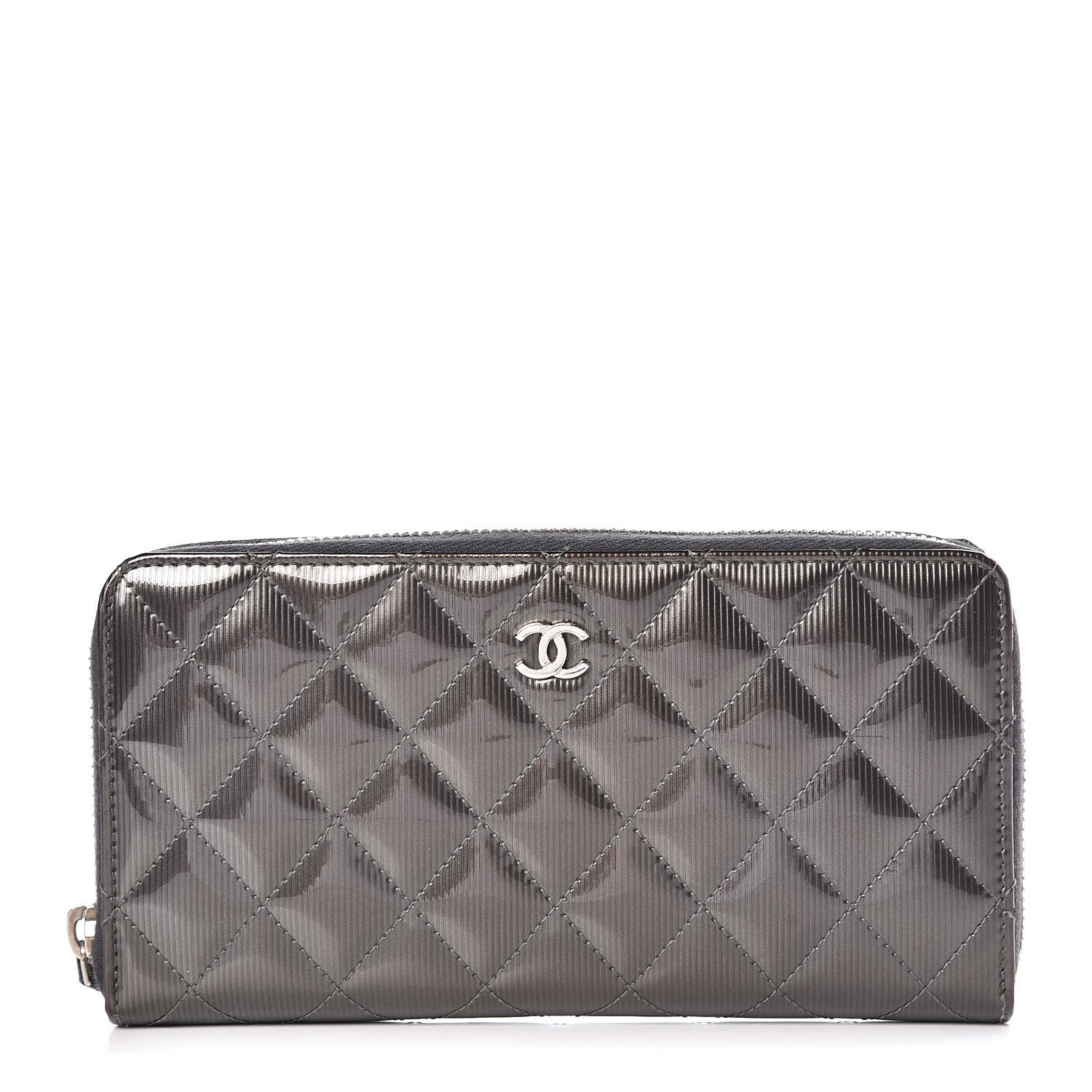 Chanel Striated Patent Zip Around Wallet Dark Grey 1 of 8