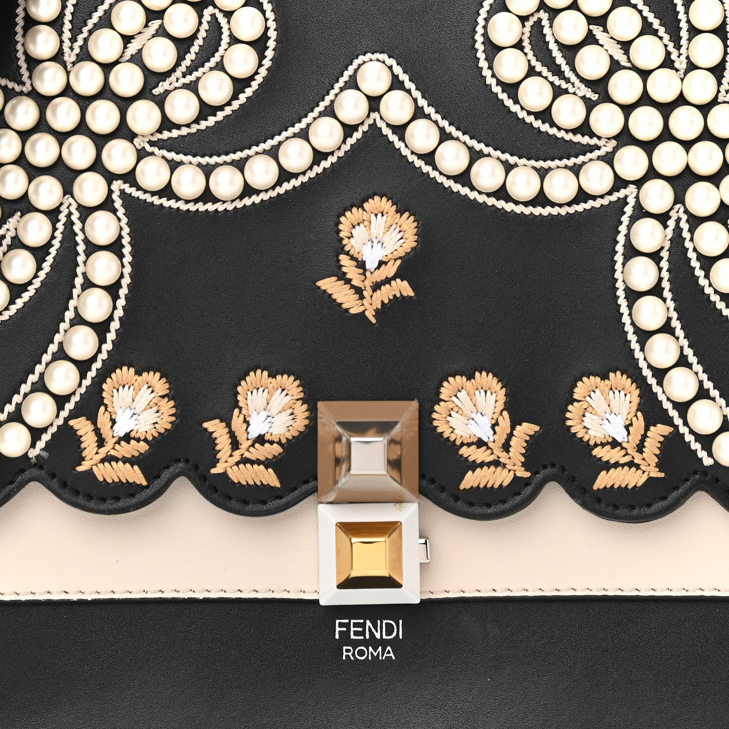Vitello Liberty Pearl Bi-Color Flowers and Bows Scalloped Studded Kan I Shoulder Bag Black Camelia