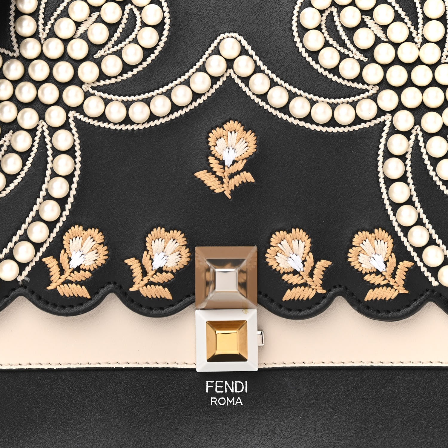 Fendi Vitello Liberty Pearl Bi-Color Flowers and Bows Scalloped Studded Kan I Shoulder Bag Black Camelia 7 of 9