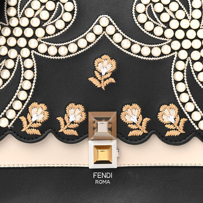 Fendi Vitello Liberty Pearl Bi-Color Flowers and Bows Scalloped Studded Kan I Shoulder Bag Black Camelia 7 of 9