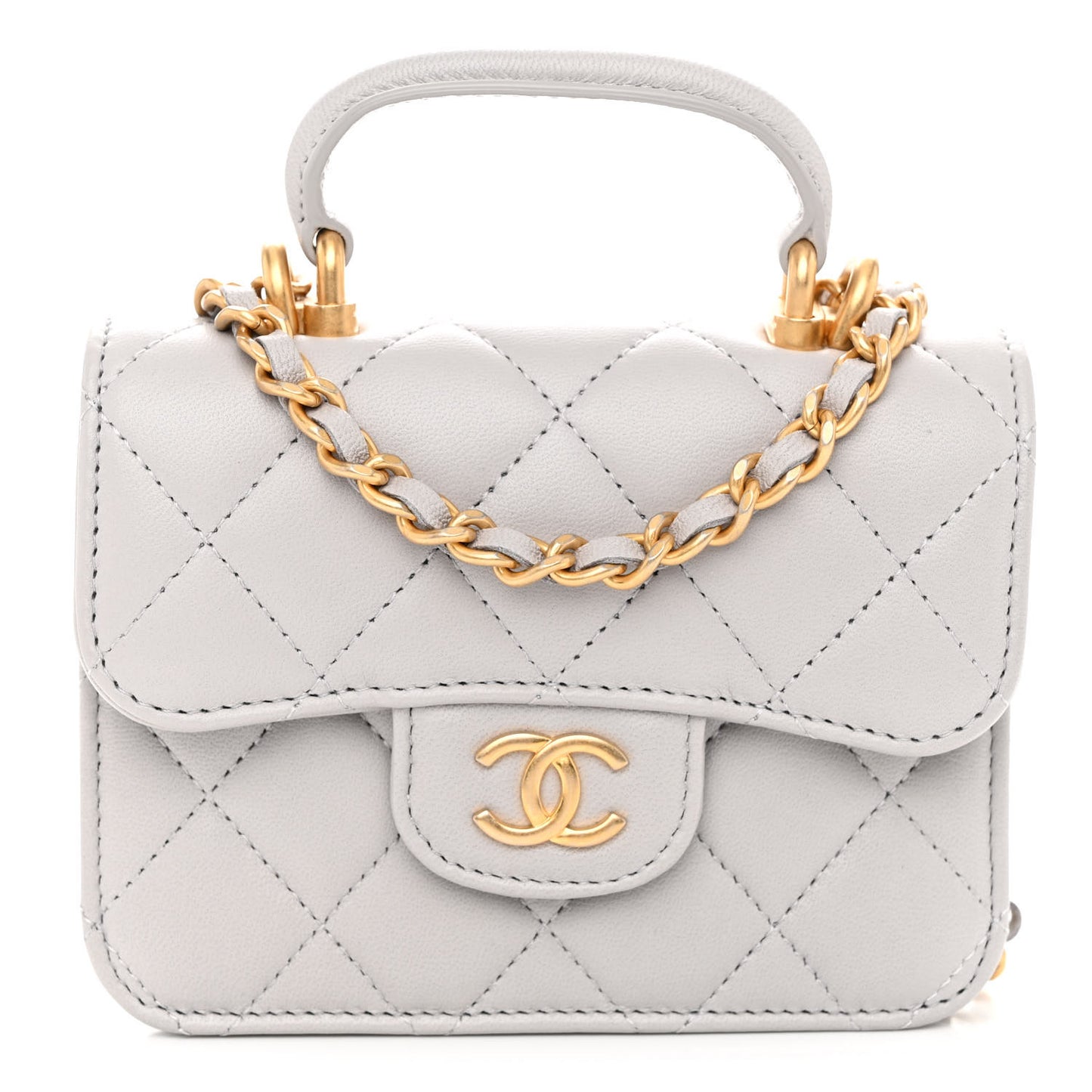 Lambskin Quilted Top Handle Flap Coin Purse With Chain Grey