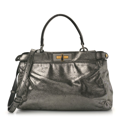 Fendi Metallic Fan Vitello Medium Peekaboo Iconic Satchel Silver 1 of 11
