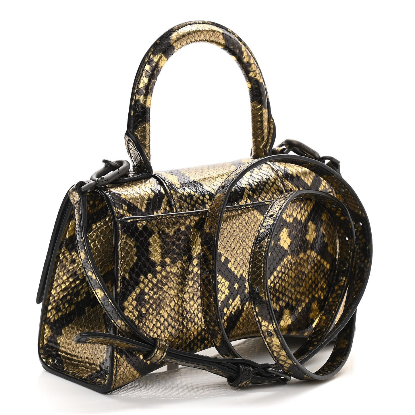 Shiny Calfskin Snakeskin Embossed Hourglass Top Handle Bag XS Gold Black