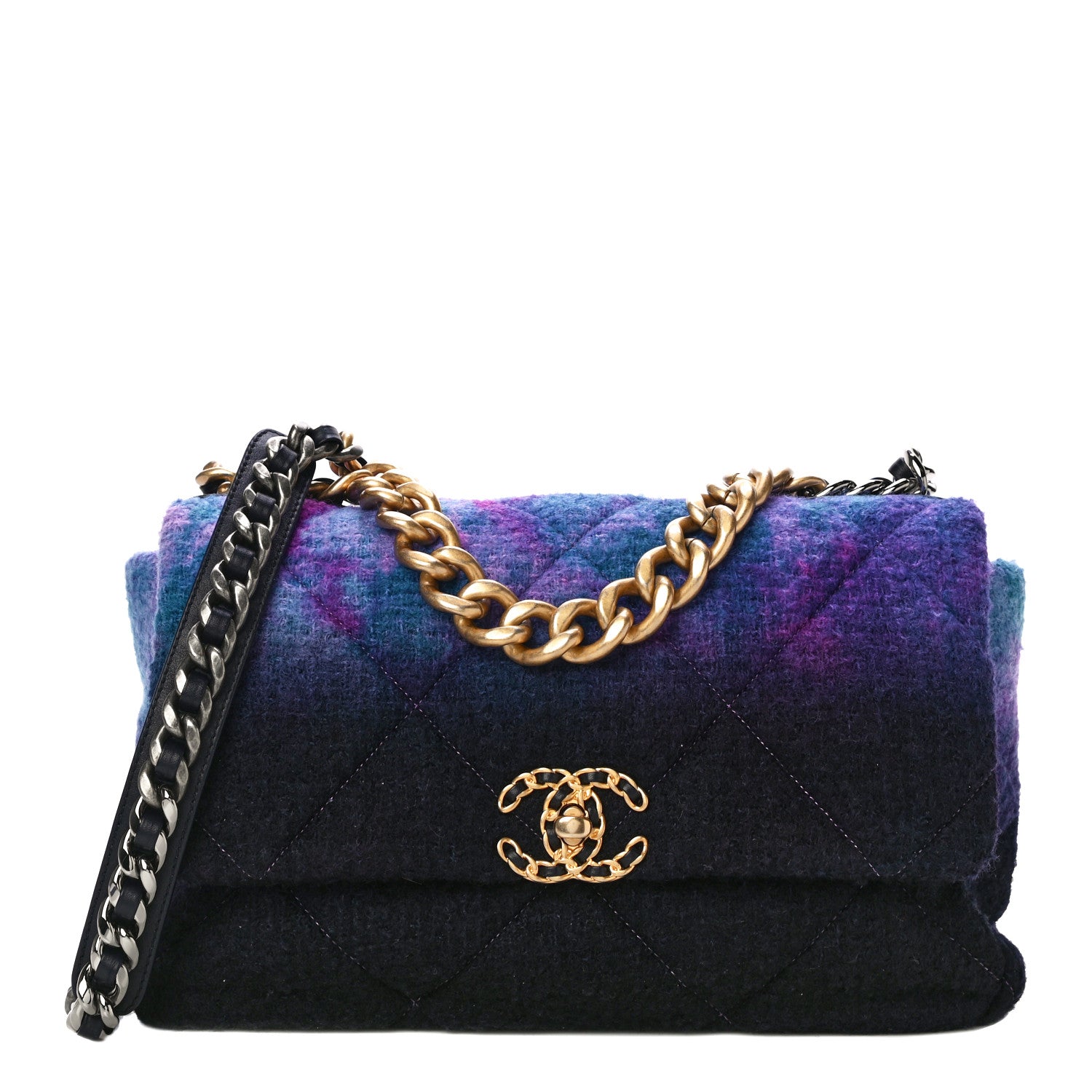 Chanel Wool Tweed Quilted Large Chanel 19 Flap Purple Black Blue 1 of 10