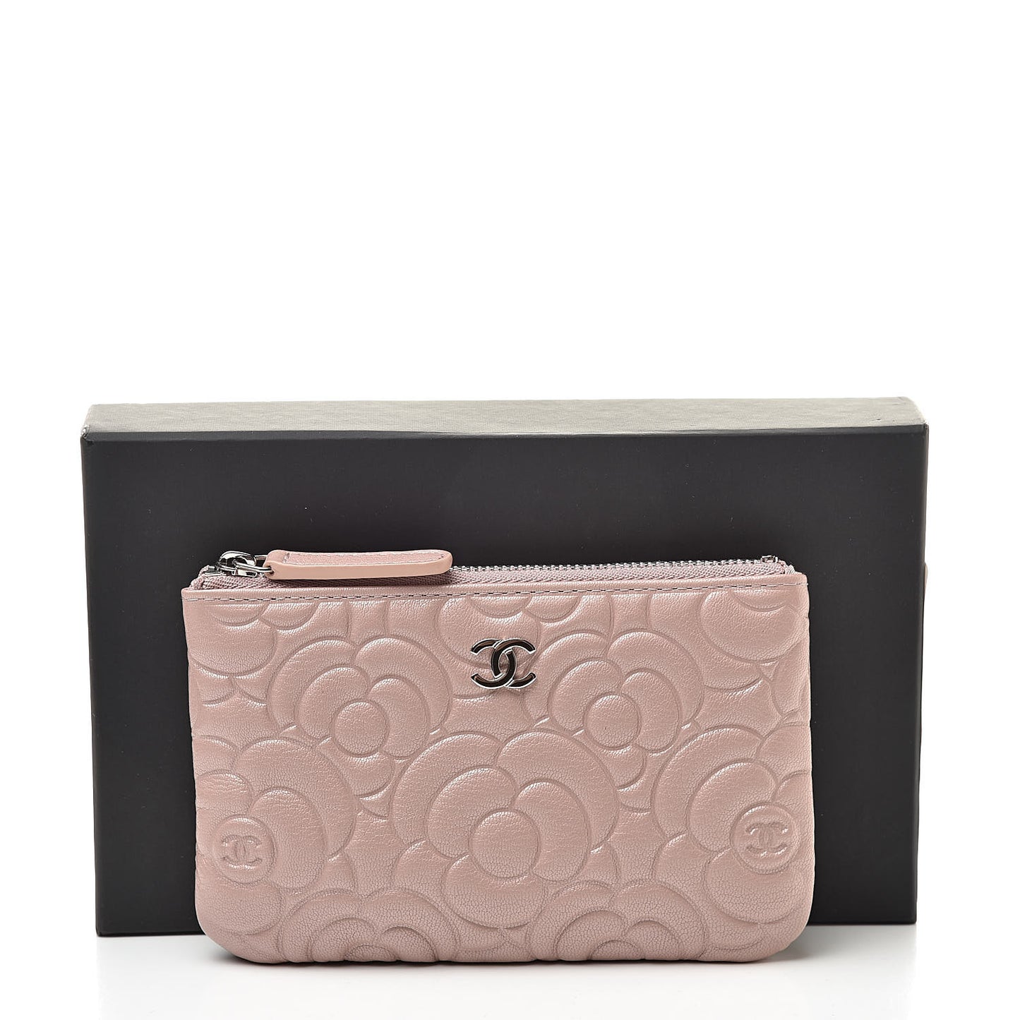 Goatskin Camellia Embossed Cosmetic Pouch Light Pink