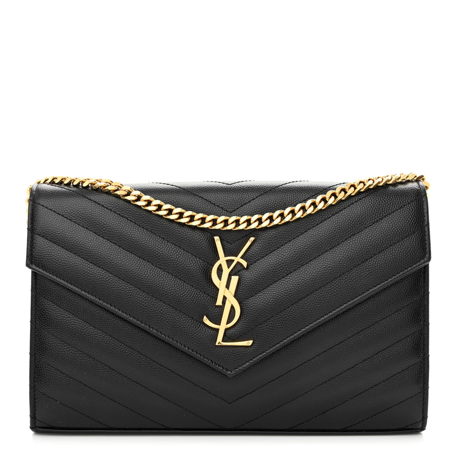 Saint Laurent Grain De Poudre Matelasse Chevron Monogram Chain Wallet Black 1 of 10