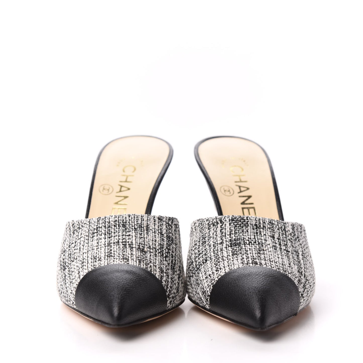 Tweed Goatskin Pearl Mules 35 Black White