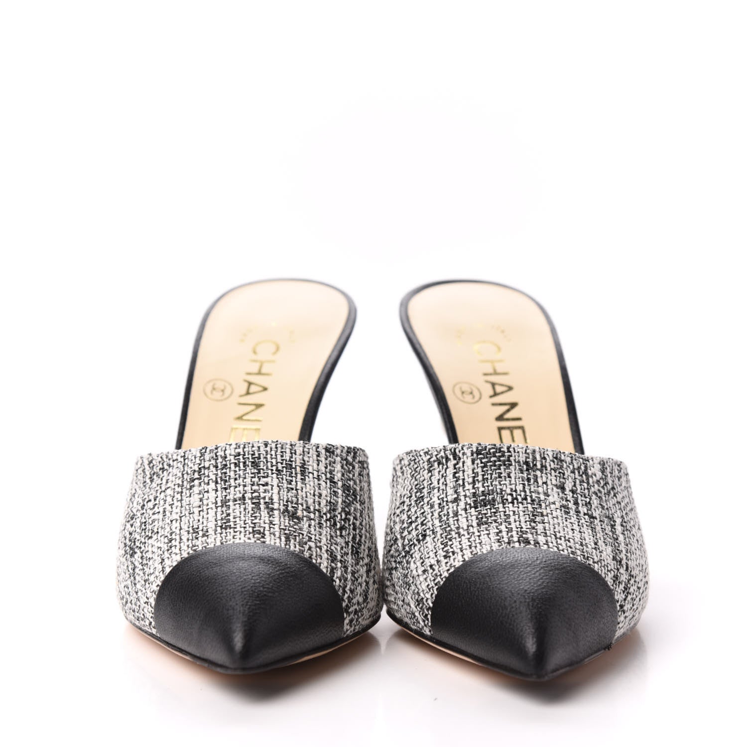 Chanel Tweed Goatskin Pearl Mules 35 Black White 2 of 8
