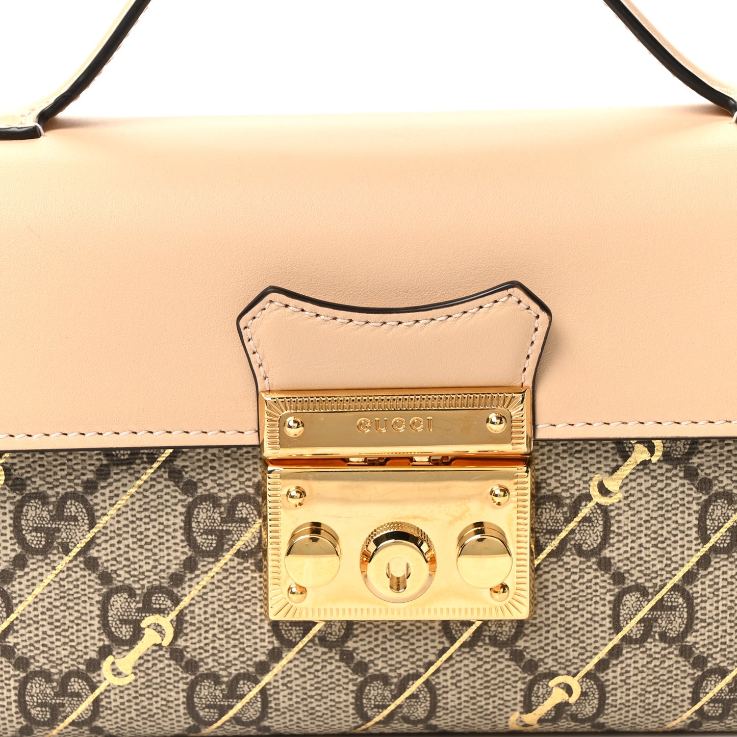 GG Supreme Monogram Calfskin Horsebit Print Mini Padlock Top Handle Shoulder Bag Beige Ebony Light Pink
