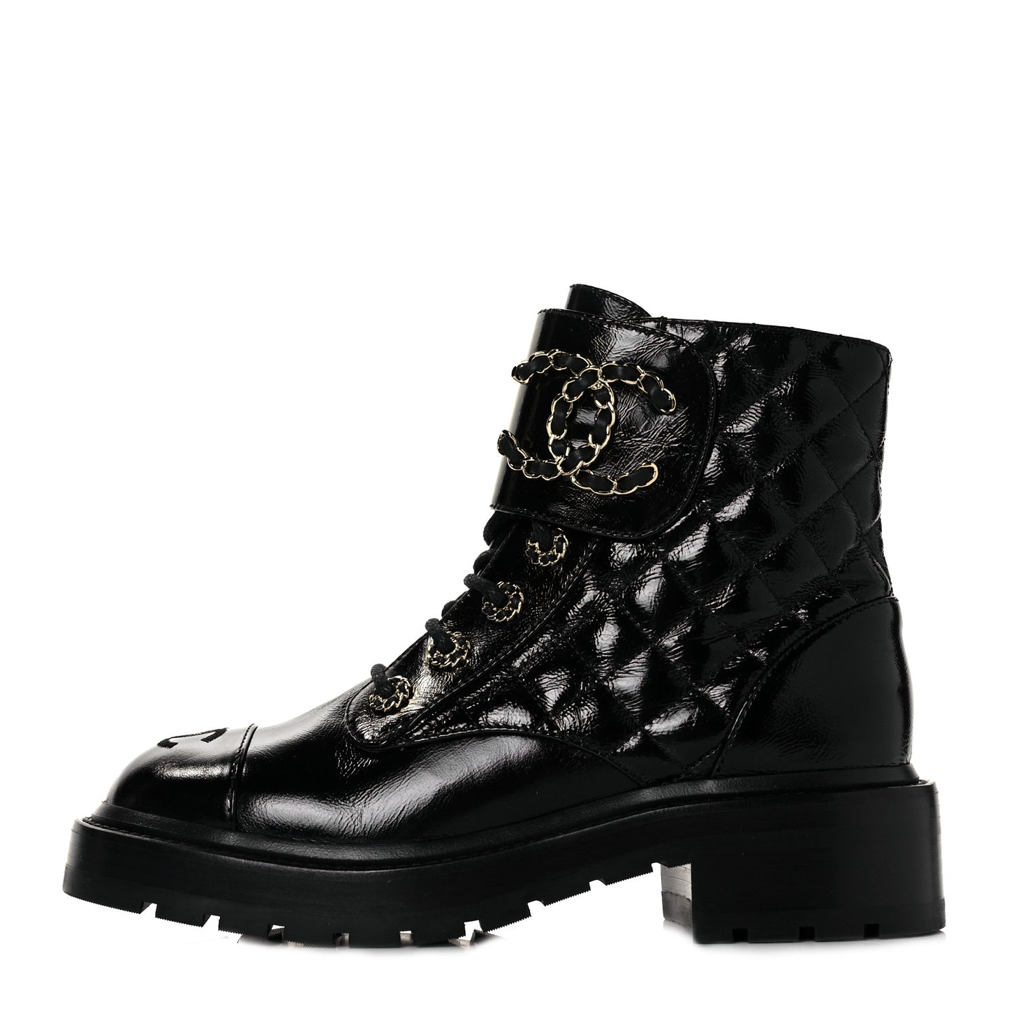 Shiny Calfskin Quilted Lace Up Combat Boots 35.5 Black