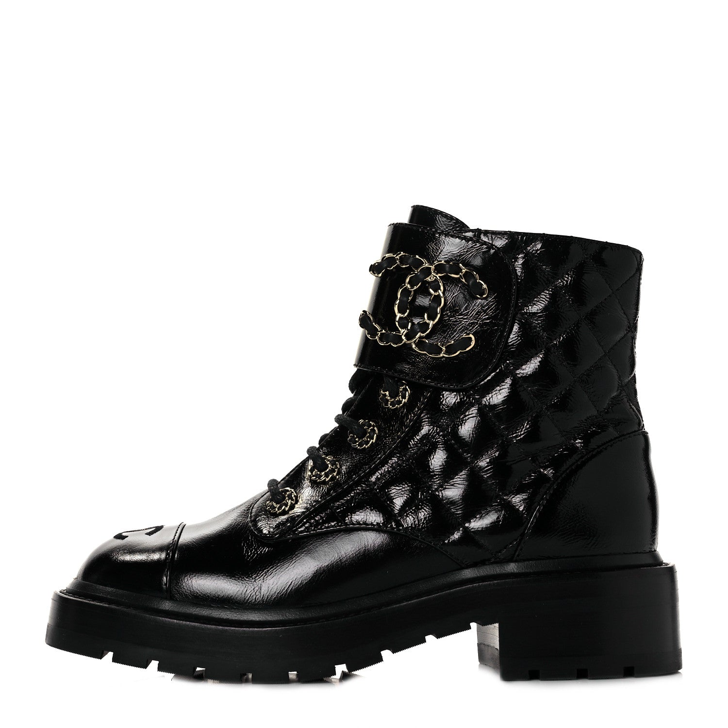 Chanel Shiny Calfskin Quilted Lace Up Combat Boots 35.5 Black 1 of 9
