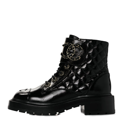 Chanel Shiny Calfskin Quilted Lace Up Combat Boots 35.5 Black 1 of 9