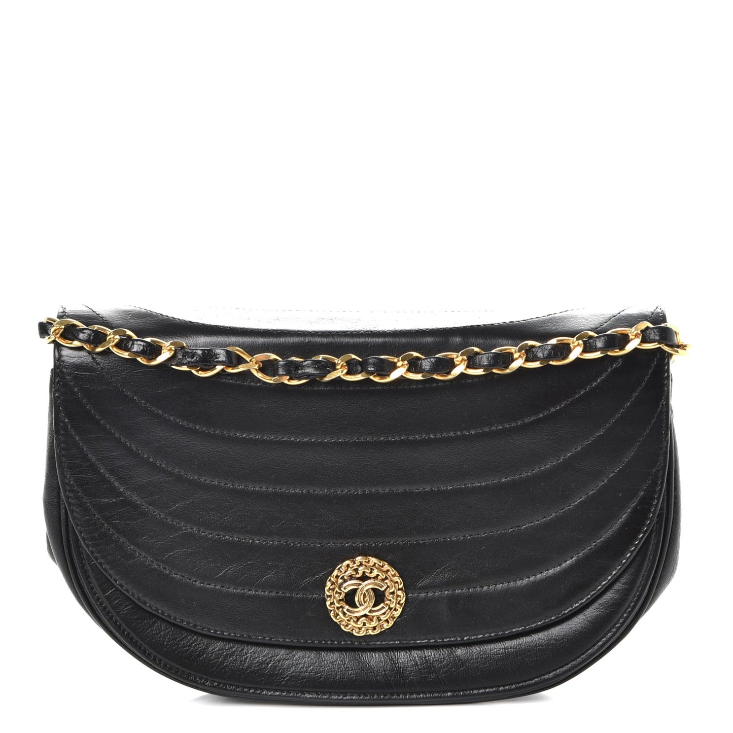 Lambskin Ribbon Stitched Small Single Flap Black