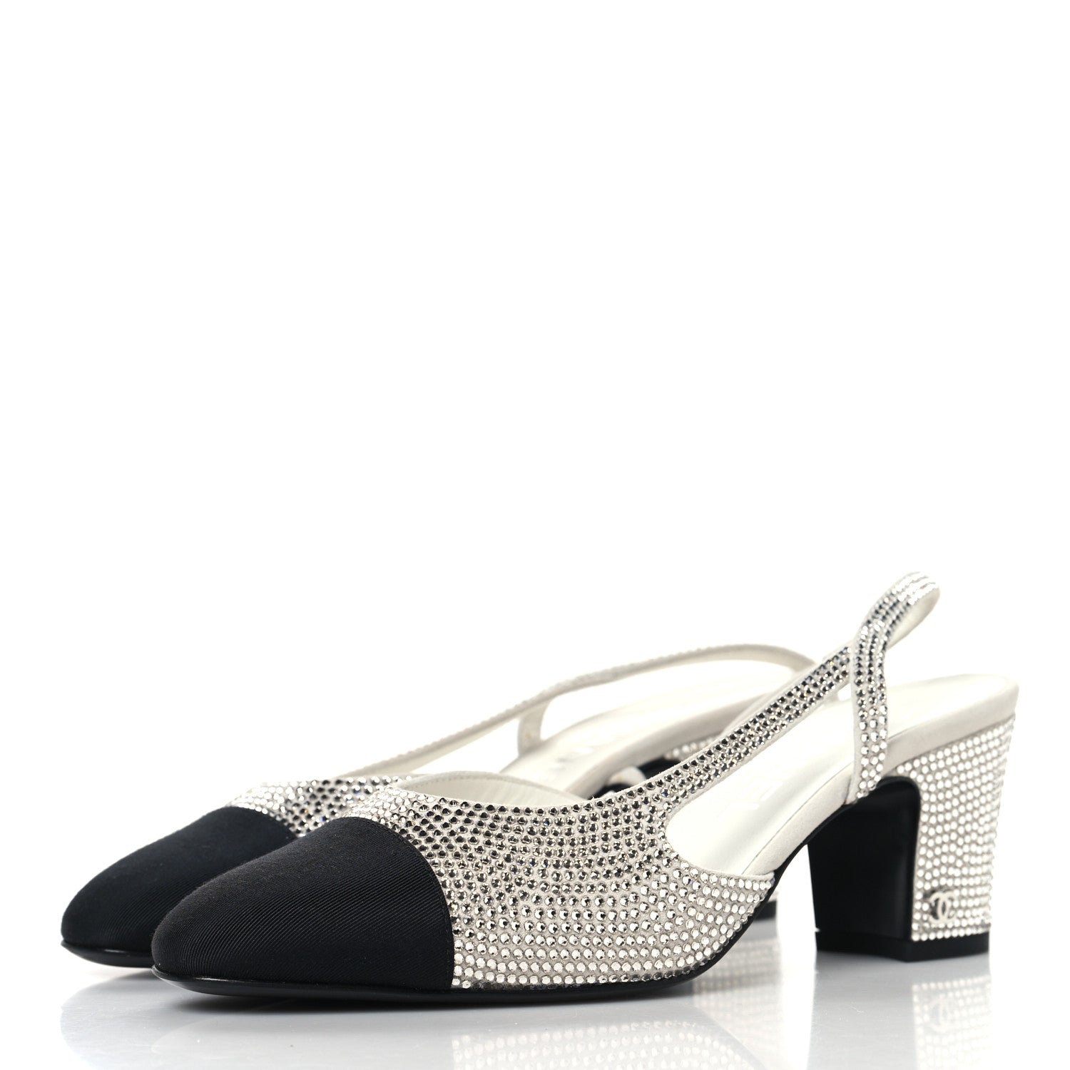 Chanel Strass Grosgrain Cap Toe CC Slingback Pumps 36 Silver Black 4 of 9