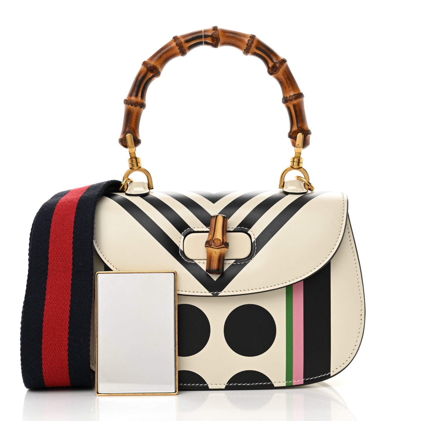 Calfskin Web Geometric Print Small Bamboo 1947 Top Handle Bag White Multi