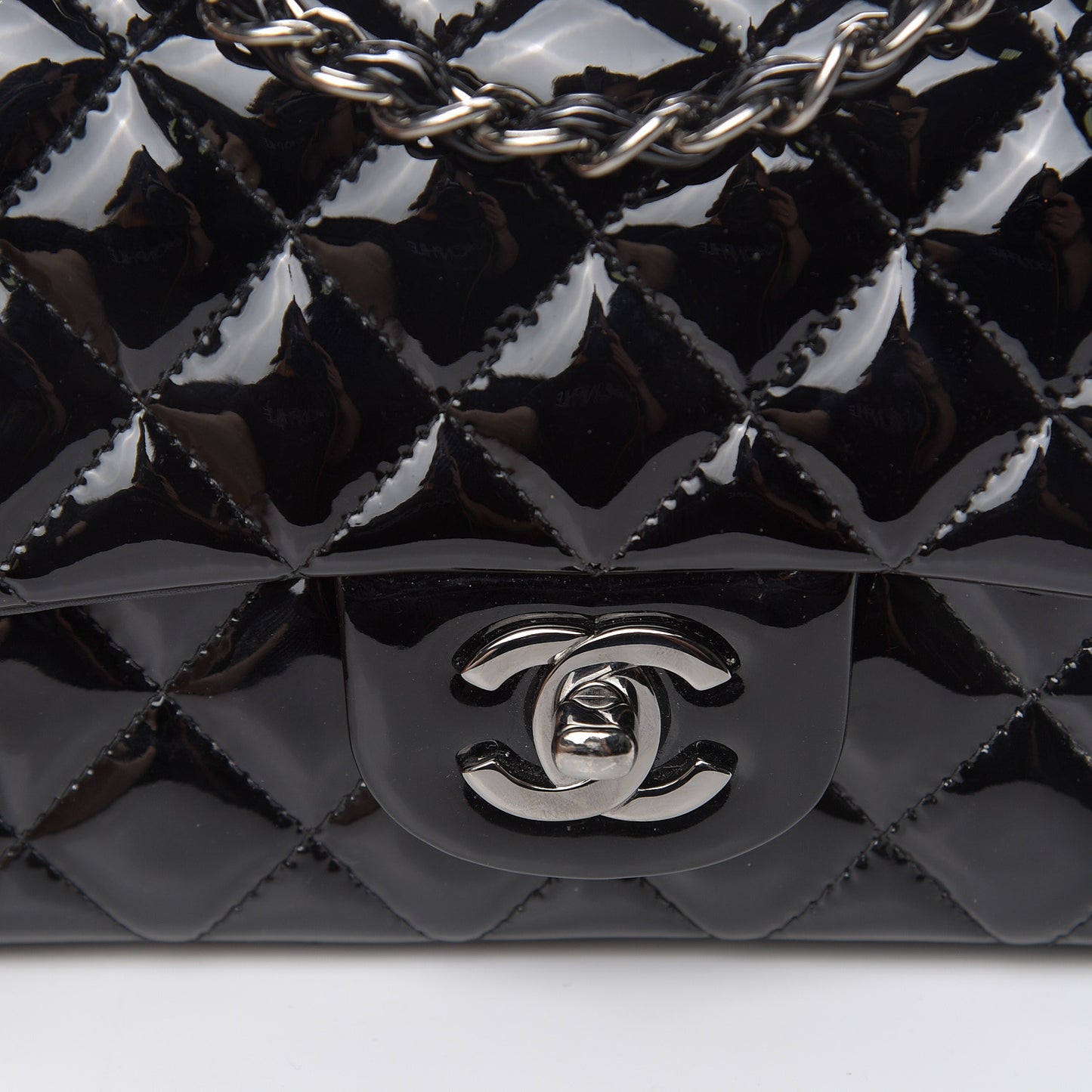 Patent Calfskin Quilted Mini Rectangular Flap Black