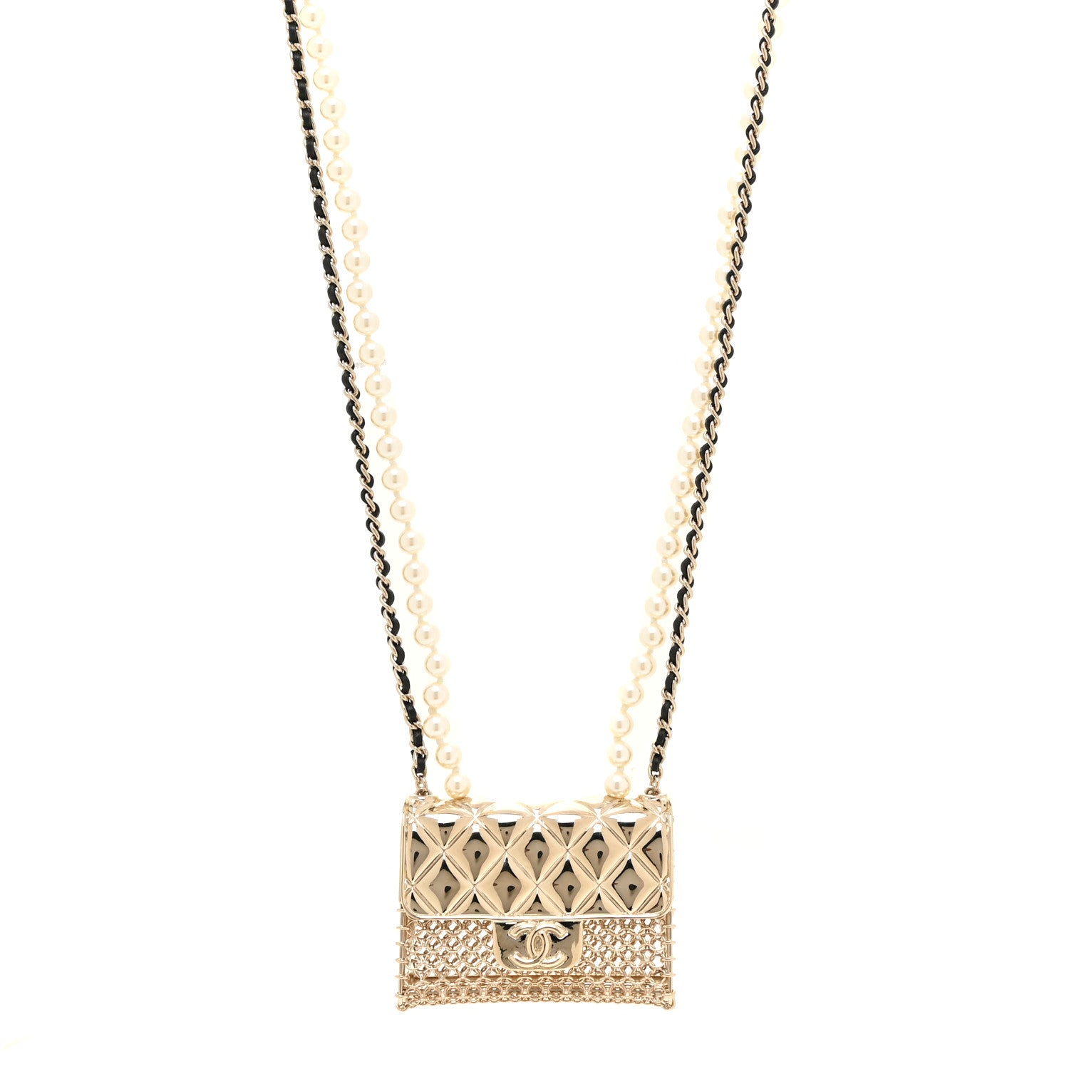Chanel Metal Lambskin Pearl Chain Flap Bag Long Necklace Gold Black Pearly White 1 of 6