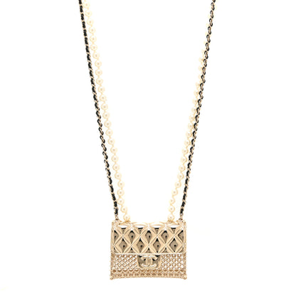 Chanel Metal Lambskin Pearl Chain Flap Bag Long Necklace Gold Black Pearly White 1 of 6