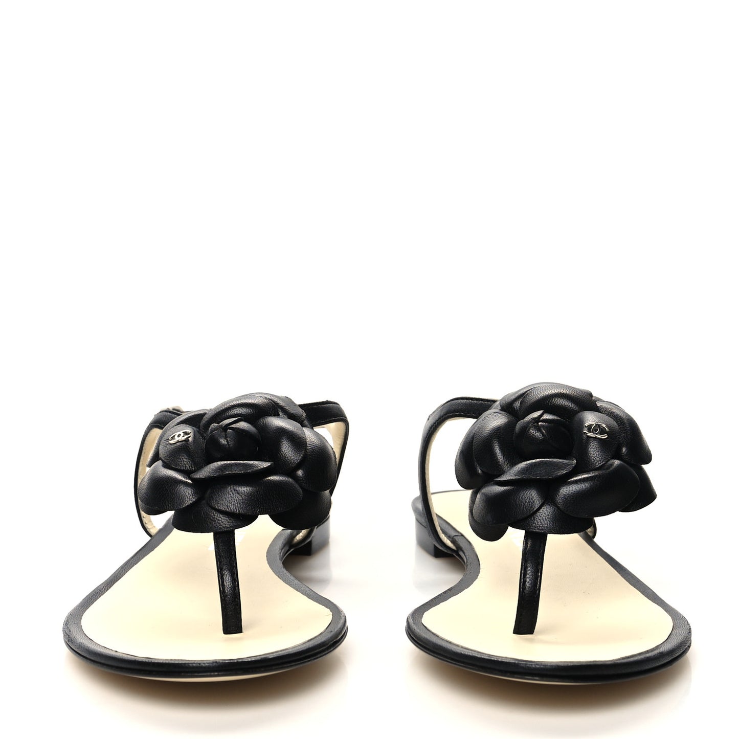Lambskin Camellia Thong Sandals 35.5 Black