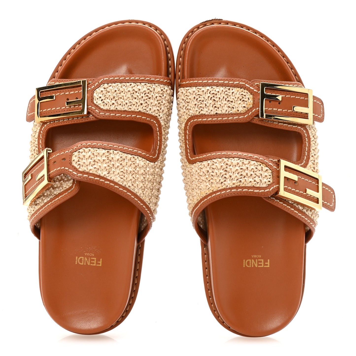 Raffia Vitello Womens Fendi Feel Buckled Slide Sandals 37 Paglia Brandy