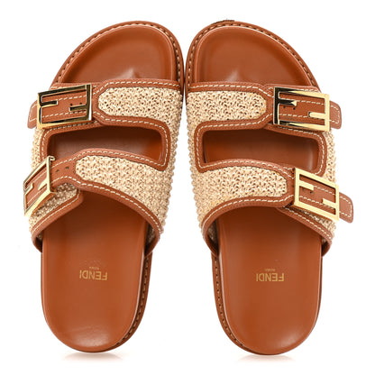 Fendi Raffia Vitello Womens Fendi Feel Buckled Slide Sandals 37 Paglia Brandy 2 of 8