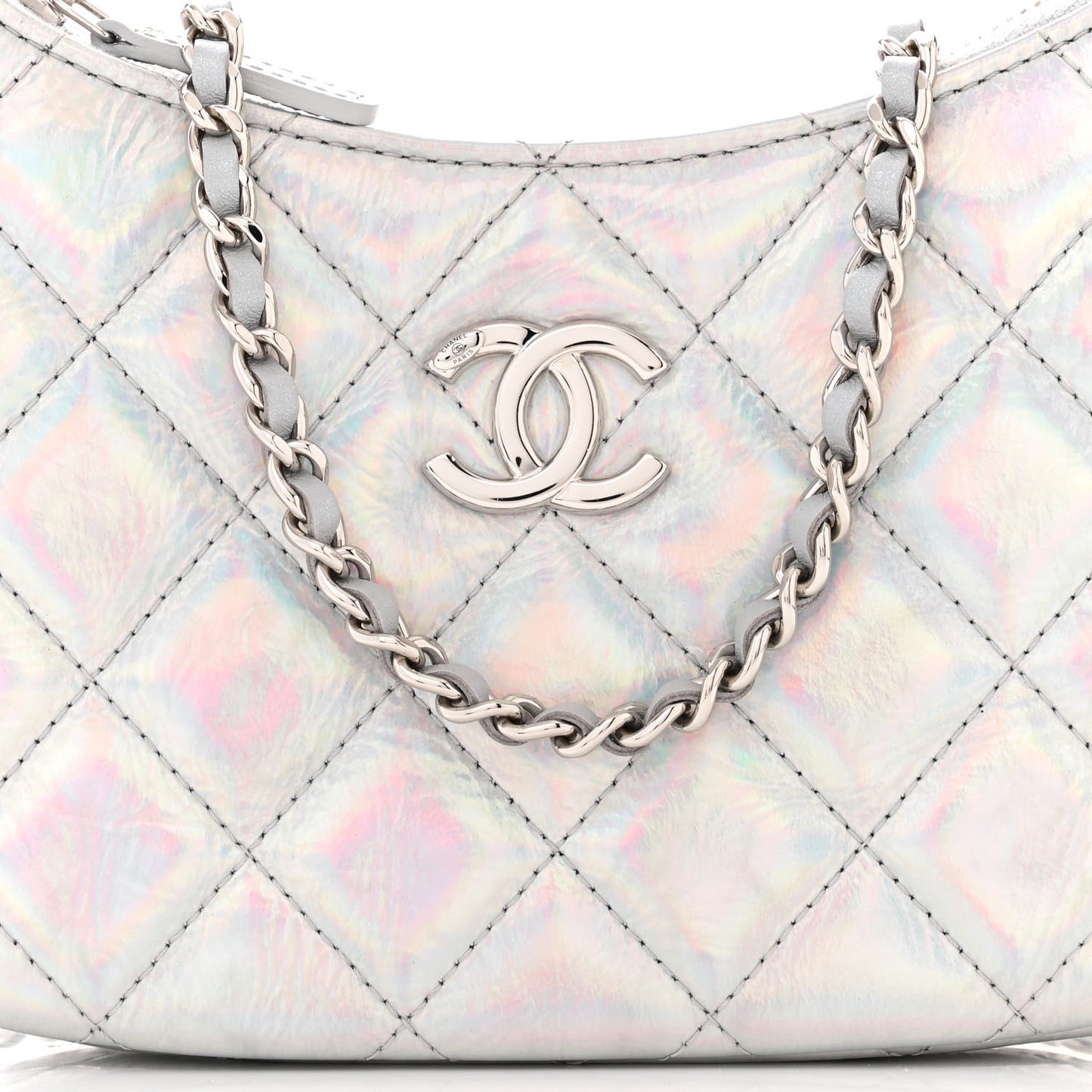 Iridescent Mirror Goatskin Quilted Clutch With Chain Silver