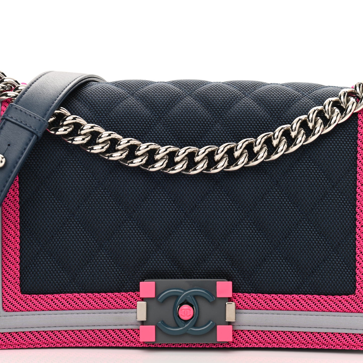 Canvas Quilted Medium Fluo Boy Flap Dark Navy Fuchsia Grey