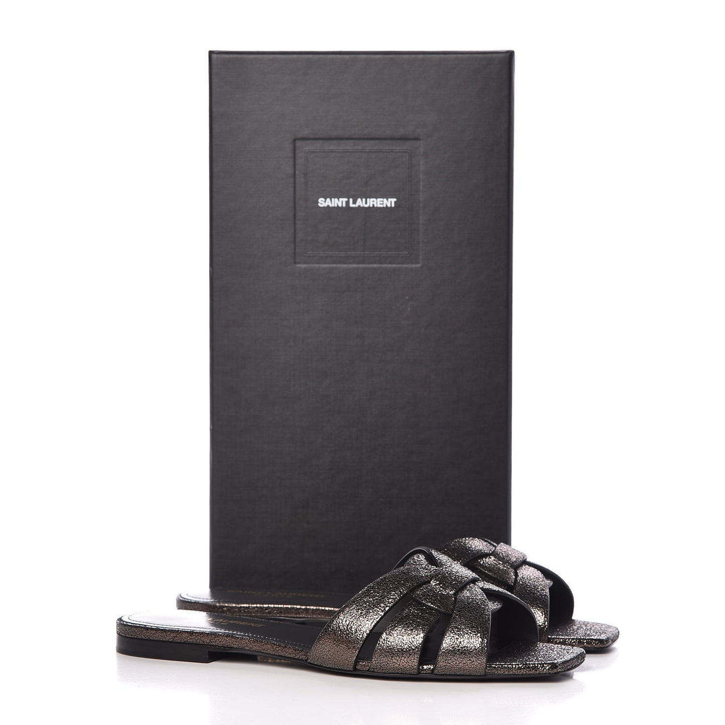 Metallic Crackled Calfskin Nu Pied 05 Slide Sandals 37.5 Black Gunmetal