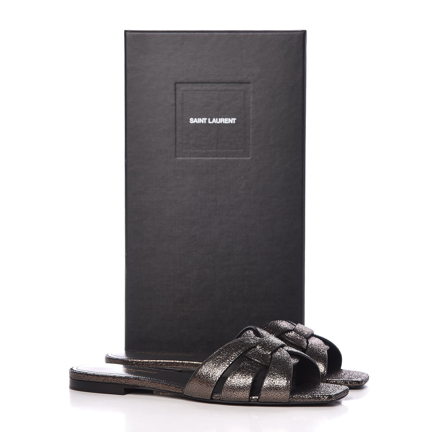 Saint Laurent Metallic Crackled Calfskin Nu Pied 05 Slide Sandals 37.5 Black Gunmetal 10 of 10