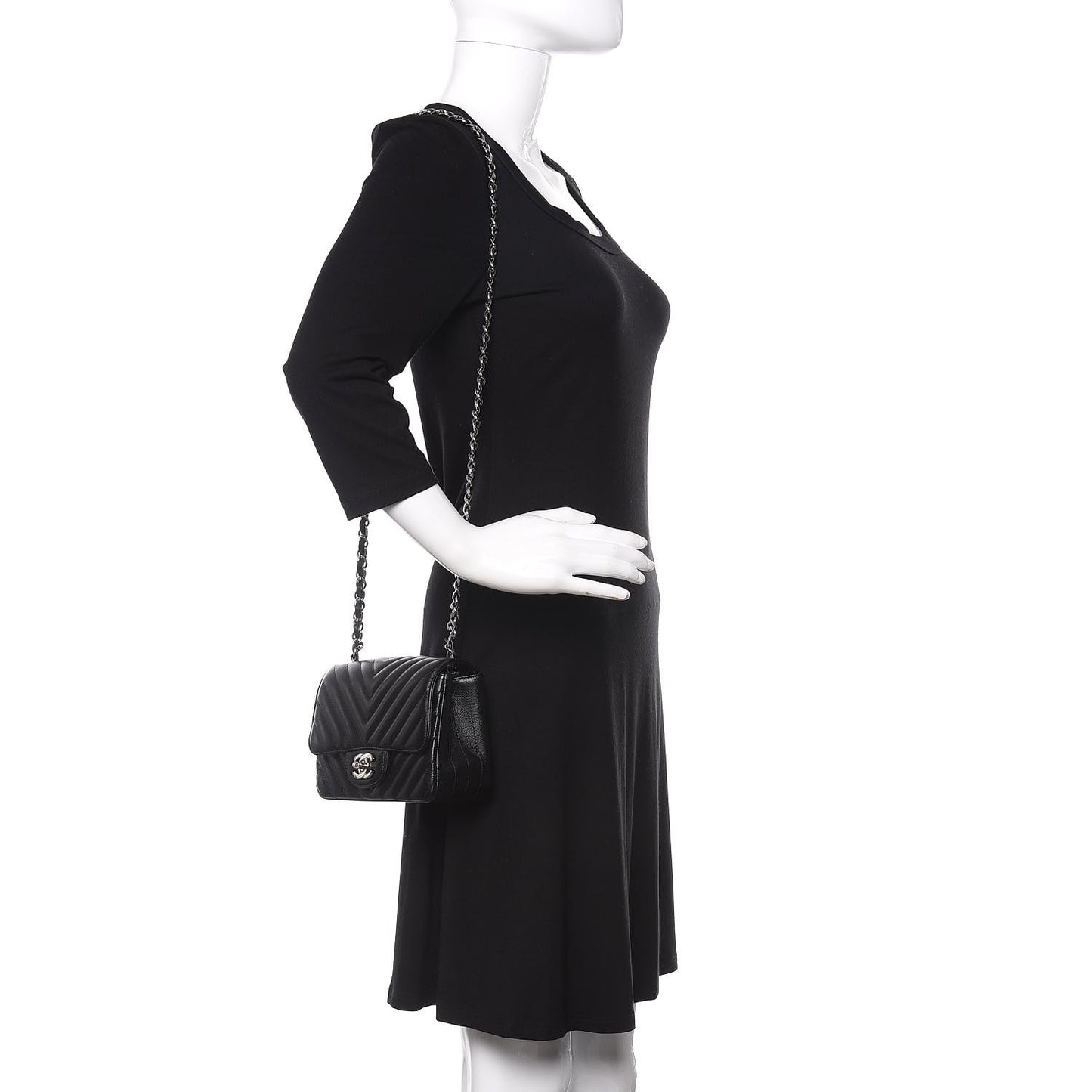 Caviar Chevron Quilted Mini Square Flap Black
