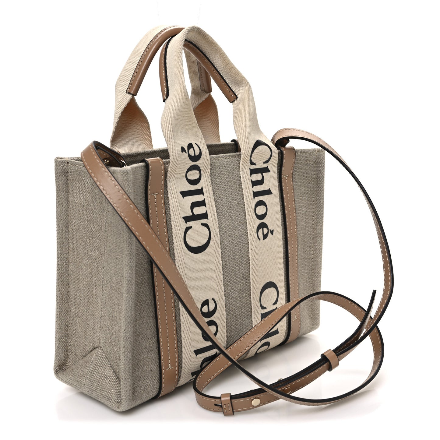 Linen Calfskin Small Woody Ribbon Tote With Strap White Light Brown