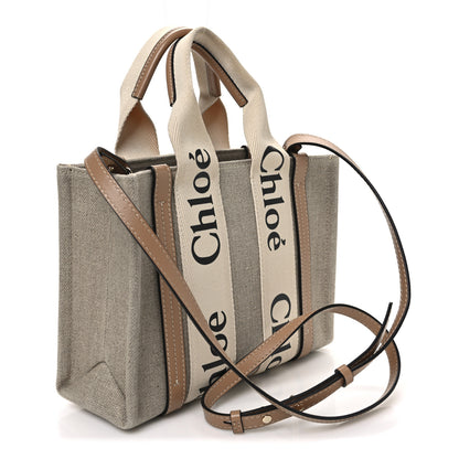 Chloe Linen Calfskin Small Woody Ribbon Tote With Strap White Light Brown 3 of 10